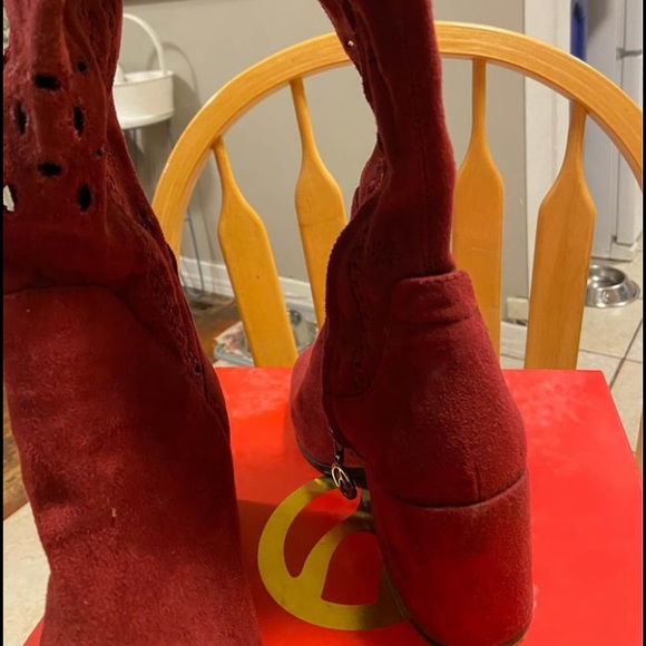 Real suede burgundy over the knee boots with lace detailing and  small heel - Picture 3 of 6
